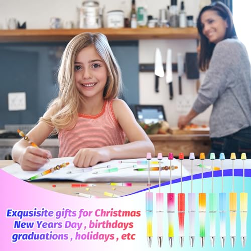 300 Pieces DIY Beadable Pens Kit - 100 plastic Beadable Pens Bulk, Refills & pen bags Included - Beaded Pens Black Ink Ballpoint Cute Pens（Gradient） - color: Gradient, size: 100