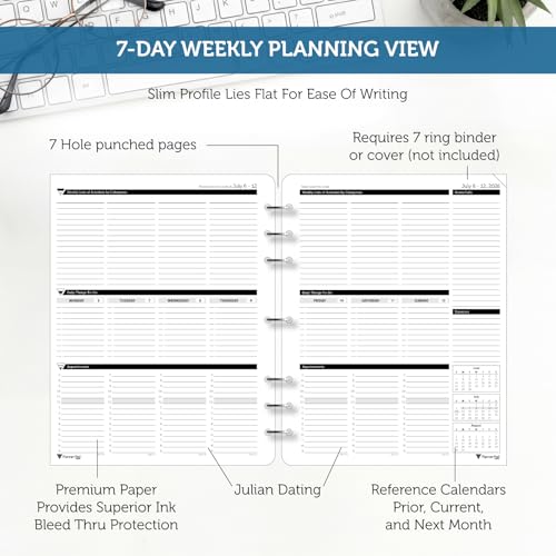 Planner Pad 7 Hole Loose Leaf July 2026 – June 2027 / Academic Year 8 1/2" x 11” Large 3-Tier Funnel Down 12 Month/Weekly Organizer, Black Ink - size: July 1st 2026 Start, style: Black Ink