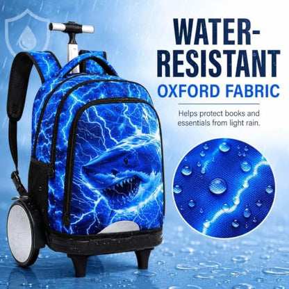 3Pcs Large Rolling Backpack for Boys, 20 Inch Detachable Wheeled Bookbag with Lunch Box, Durable Lightning Shark Roller Backpack for Elementary Middle School (Blue) - color: Large Wheels Shark Blue
