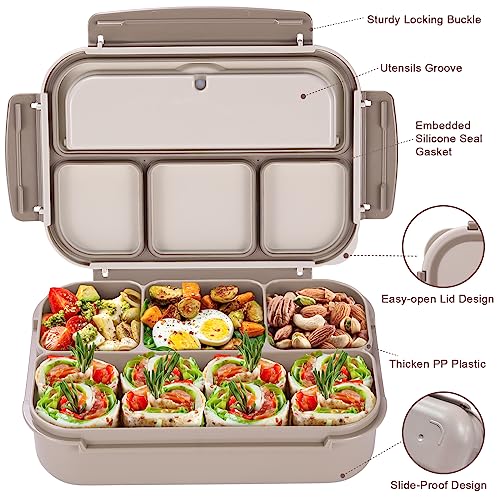 Bento Box Adult Lunch Box, Containers for Adults Men Women with 4 Compartments, Lunchable Food Container with Utensils, Sauce Jar, Muffin Liners, 40 Oz/5 Cup, Microwave & Dishwasher Safe, Brown - color: Brown