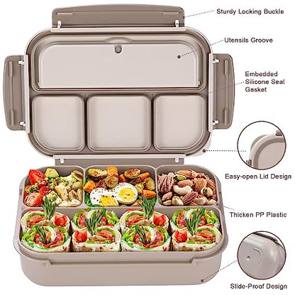 Bento Box Adult Lunch Box, Containers for Adults Men Women with 4 Compartments, Lunchable Food Container with Utensils, Sauce Jar, Muffin Liners, 40 Oz/5 Cup, Microwave & Dishwasher Safe, Brown - color: Brown