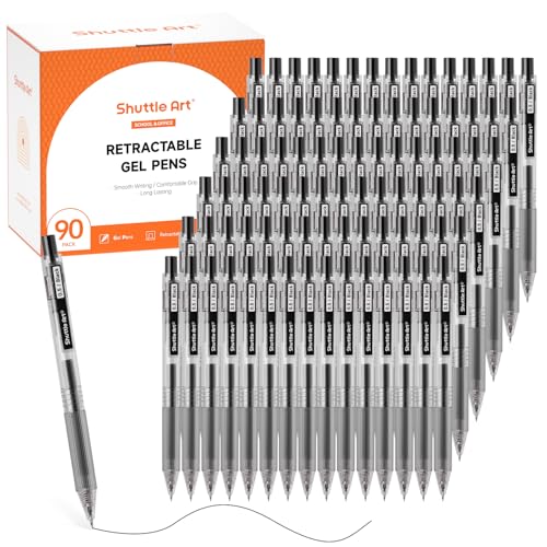 Shuttle Art Black Gel Pens, Ink Glide Series 90 Pack Retractable 0.5mm Fine Point Rollerball Gel Ink Pens Bulk Set Quick Drying Smooth Writing with Grip for Journaling Note Taking Office School Home