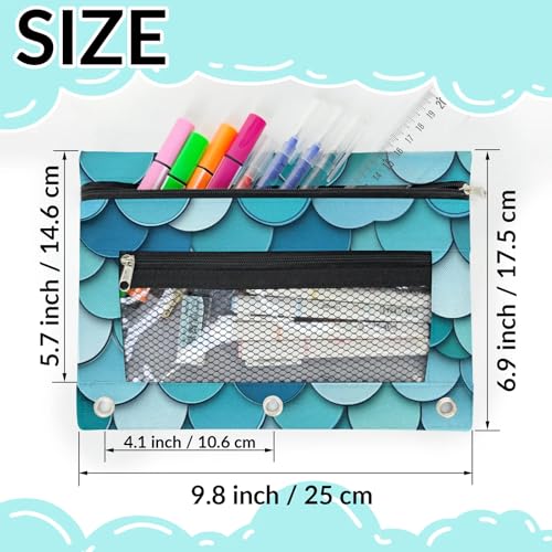 Mermaid Scales Pencil Pouch for 3 Ring Binder Blue Scale Pencil Case Bag with Clear Window Zipper Pockets for Kids Girls Boys Students School College Supplies 2 Pack - color: Blue