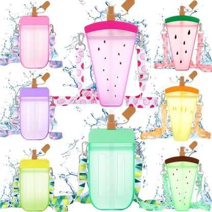 Patelai 8 Pcs Cute Water Bottles with Straw Kawaii Watermelon Ice Cream Cups Leak Proof Drinking Bottles with Adjustable Shoulder Strap for Sports Travel Camping(Classic Style) - style: Classic