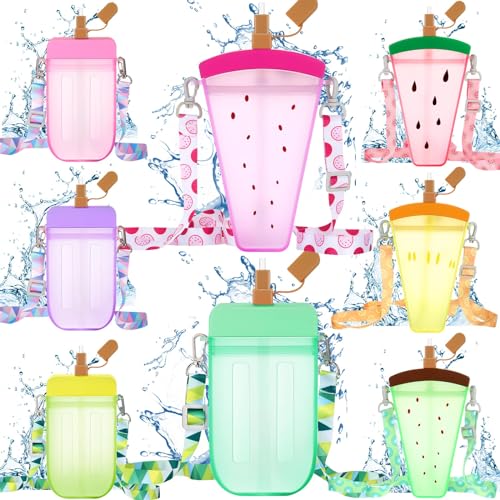 Patelai 8 Pcs Cute Water Bottles with Straw Kawaii Watermelon Ice Cream Cups Leak Proof Drinking Bottles with Adjustable Shoulder Strap for Sports Travel Camping(Classic Style) - style: Classic