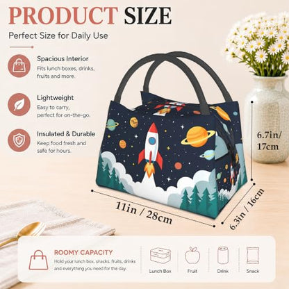 Cartoon Rocket Reusable Lunch Bag,Space Planets Insulated Small Lunch Box for Kids Adult Women,Leakproof Cooler Tote Bags for Student Teacher Work Camping Picnic School - color: Cartoon Rocket