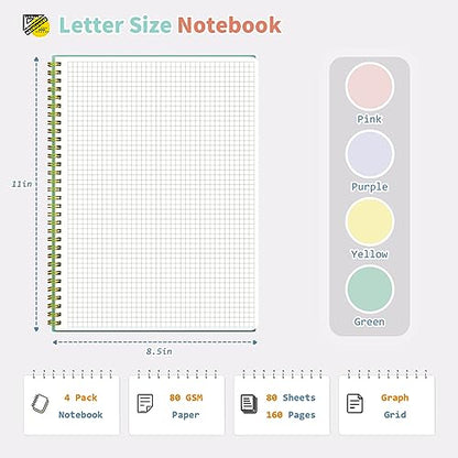 Umriox 4 Pack Graph Paper Notebook, 8.5" x 11" Spiral Notebook with Free Sticky Notes, 5 x 5mm Grid Paper 160 Pages, Large Journal for School, Work - size: 8.5 x 11 in, style: Squared