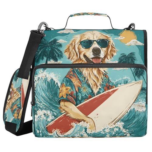 3-Ring Zipper Binder with Shoulder Strap Zip-Up Expanding File Folder Organizer Storage Fireproof Accordion Trapper Keeper Home School Office Three Butterfly (Puppy Surfboard)