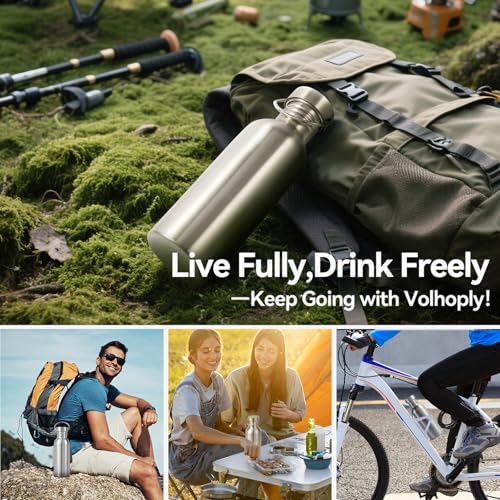 Volhoply 22oz Uninsulated Single Walled Water Bottle 4 Pack, Stainless Steel Reusable Water Bottles with Handle, BPA Free & Plastic Free 18/8 304 Metal Water Bottles for Camping, Hikers, Cyclists - size: 22 Ounces