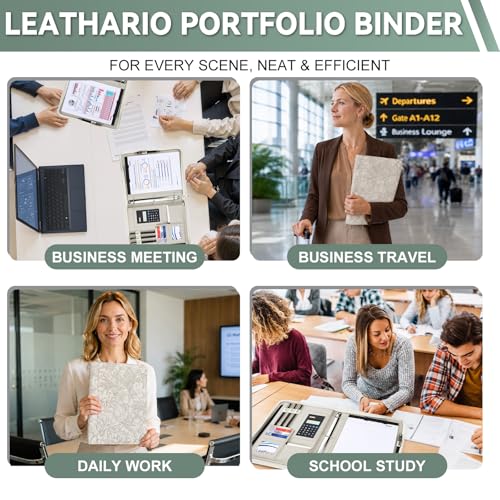 Leathario Portfolio Binder, Includes 5 Sheet Protectors and a Pen, 13 Inch Tablets Organizer, Vegan Leather A4 Padfolio, Multi-Pocket Notepad Business Planner Professional Document - color: Relief White