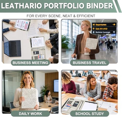 Leathario Portfolio Binder, Includes 5 Sheet Protectors and a Pen, 13 Inch Tablets Organizer, Vegan Leather A4 Padfolio, Multi-Pocket Notepad Business Planner Professional Document - color: Relief White