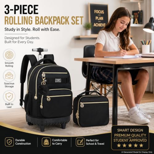 HPJGD 3PCS Rolling Backpack for Girls and Boys, Black School Backpacks with Wheels, Water Resistant Roller Wheeled Bookbag Set for Women Men - color: Classic Black Rolling Backpack Set