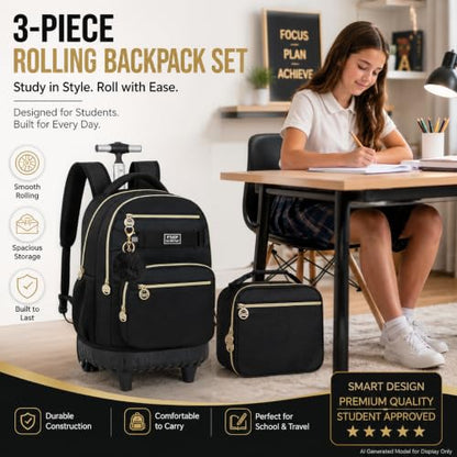 HPJGD 3PCS Rolling Backpack for Girls and Boys, Black School Backpacks with Wheels, Water Resistant Roller Wheeled Bookbag Set for Women Men - color: Classic Black Rolling Backpack Set