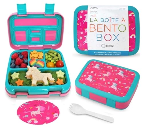 kinsho Unicorn Bento Lunch Box for Girls Toddlers, 5 Portion Control Sections, BPA Free Removable Plastic Tray, Pre-School Kid Toddler Girl Daycare Lunches, Snack Container Ages 3 to 7 Pink Unicorns - color: Pink Unicorn Bento