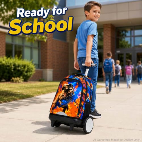 KLFVB Big Quiet-Glide Wheels Rolling Backpack, 3-in-1 Roller Bag Set with Lunch Bag | Water-Resistant Wheeled Bookbag for Boys, School, Travel, Play - Flame T-Rex - color: Rolling Backpack with Big Wheels - Flame T-Rex