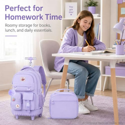 CCJPX Rolling Backpack for Girls Women, 21 inch Roller Wheels School Bookbag, Wheeled Suitcase Backpacks with Lunch Bag for Teen - Purple - color: Purple