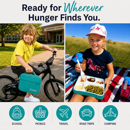 kinsho Lunch Box for Kids Boys Girls - Bento Box Set with Insulated Bag and Ice Pack, 6 Compartment Leak Proof Food Container, BPA-Free, Microwave Safe, Ideal for School & Work, Teal - color: Teal