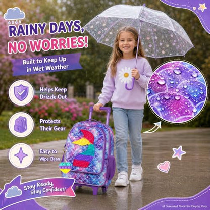 WZLVO 4PCS Rolling Backpack for Girls,Kids Mermaid Backpacks with Roller Wheels, Wheeled Bookbag with Lunch Box for Toddler Elementary School - color: Fish Rolling Purple