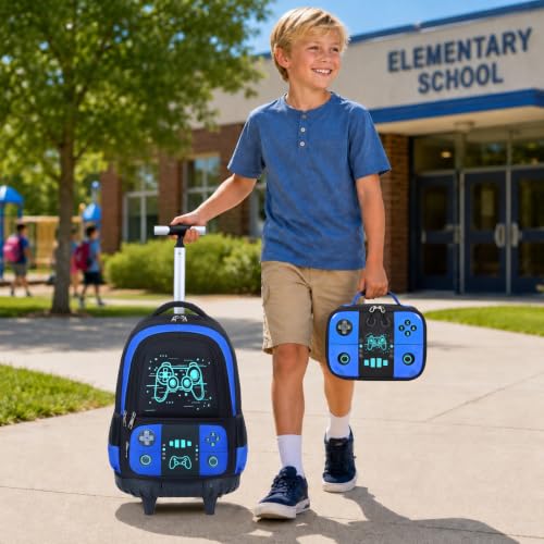 Bevalsa Rolling Backpack for Boys,Cool Luminous Gamer Roller School Backpacks with Lunch Box & Pencil Case,Kids Wheeled Schoolbag Bookbag with Wheels for Kindergarten Elementary School Travel - color: Blue Game