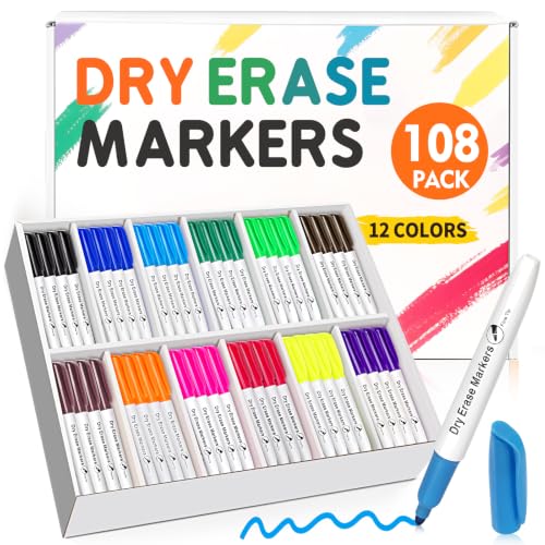 Jumlys 108 Pack Fine Tip Dry Erase Markers, Bulk Whiteboard Erasable Markers in 12 Colors, Ideal for School Classroom Office Supplies, Non-Toxic & Easy Clean for White board - color: Colorsful