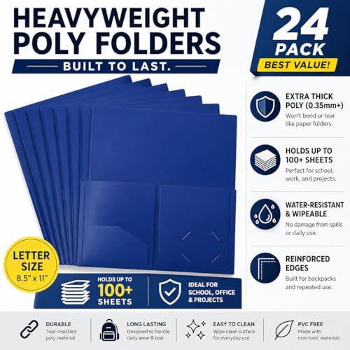 Better Office Products Heavyweight Plastic 2 Pocket Portfolio Folder, Letter Size Poly Folders 24 Pack (Blue) - color: Blue
