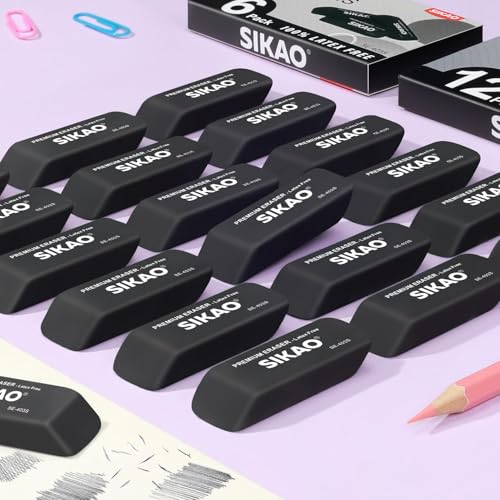 Black Erasers, 12 Pack Block Pencil Erasers | Latex-Free & Smudge-Free Beveled Rubber Erasers for School Supplies, Classroom, Office & Homework - style: Black