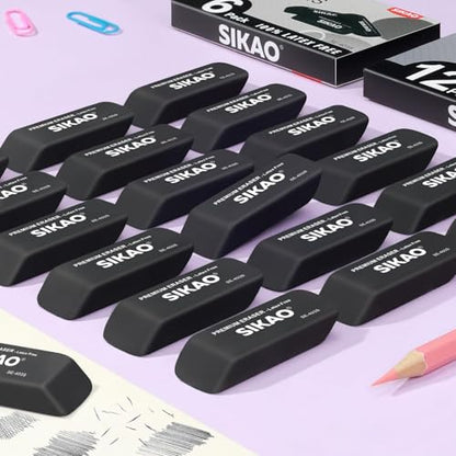 Black Erasers, 12 Pack Block Pencil Erasers | Latex-Free & Smudge-Free Beveled Rubber Erasers for School Supplies, Classroom, Office & Homework - style: Black