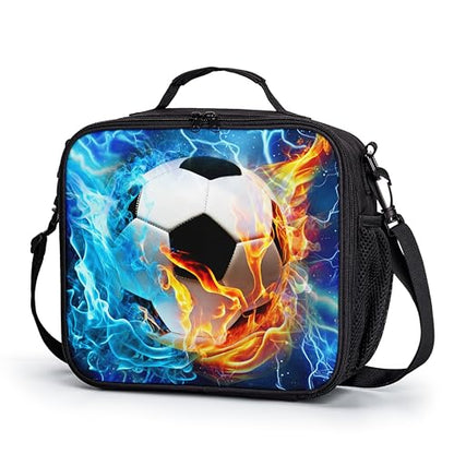 Soccer Lunch Box Blue Yellow Fire Lightning Football Kids Lunch Bag with Shoulder Strap for Boys Girls Durable Insulated Lunch Cooler Bag Thermal Meal Tote for School Picnic - color: A-Soccer