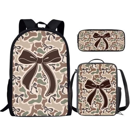 Camo Bows School Backpack Set for Girls 3 PCS Kids Backpack with Lunch Box Pencil Case Large Capacity Bookbag Portable Lunch Bag for Elementary School Students - color: Camo Bows