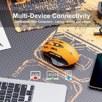 Uineer Bluetooth Mouse - Multi-Device Wireless, Rechargeable Ergonomic Mouse with Visible Battery Level, Tri-Mode (BT 5.0/4.0+2.4G Hz), 4 Adjustable DPI, Coldless for Laptop and PC (Yellow Black) - color: Yellow Black