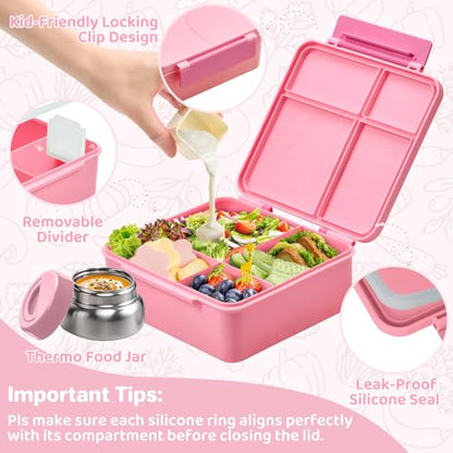 Bento Box for Kids Lunch box with Leak Proof Thermos Food Jar, Food Lunch Containers for Girls with 4 Compartments, Food Picks, Sauce Jar(Pink) - color: Pink