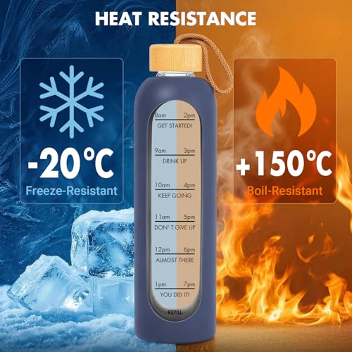32 OZ Glass Water Bottles, Borosilicate Glass Bottle with Time Marker, 1 Liter Leak Proof Reusable BPA Free Motivational Water Bottles with Silicone Sleeve and Bamboo Lid (Blue) - color: Blue