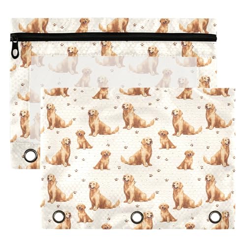 Golden Retriever Dog Binder Pouches 3 Ring for Boys Girls School Office College Supplies Cute Puppy Cats Kitty Pencil Pouches Case Bag with Clear Window and Zipper 2 Pack - color: Dogs