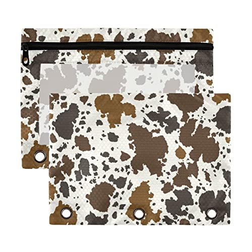 Kcldeci Pencil Pouch for 3 Ring Binder, Cowhide Leather 2 Pack Binder Pencil Pouch with Clear Window Pencil Bags with Zipper Pencil Case for Binder - color: C01