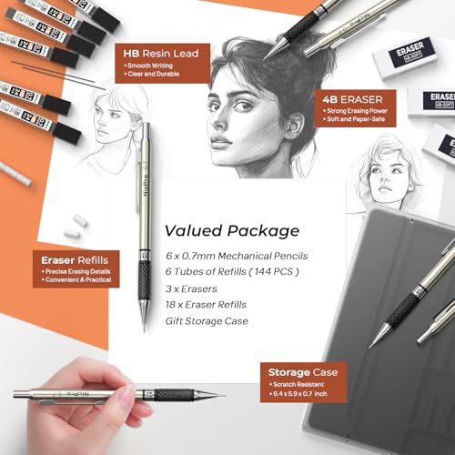 Nicpro 0.7 mm Art Mechanical Pencils Set, 6 PCS Metal Drafting Pencil 0.7mm Tube HB Lead Refills & 18 Cap Eraser for Adults, Children, Artist Writing, Drawing, Sketching, Black - style: 6 Pack (0.7mm)