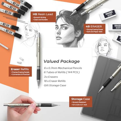 Nicpro 0.7 mm Art Mechanical Pencils Set, 6 PCS Metal Drafting Pencil 0.7mm Tube HB Lead Refills & 18 Cap Eraser for Adults, Children, Artist Writing, Drawing, Sketching, Black - style: 6 Pack (0.7mm)