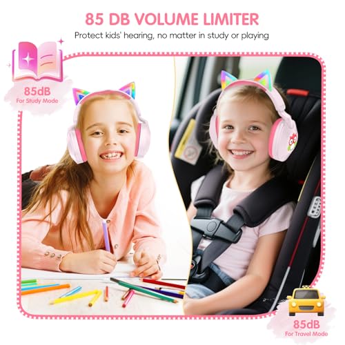 LOBKIN Kids Headphones with Microphone Bluetooth 6.0, Toddler Headphones LED Ligh Rotatable Foldable Sensitive Mic Adjustable 85/94dB Volume Limit Real-time Audio Feedback for Boys Girls Online School