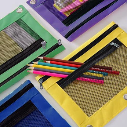Kakalote Pencil Pouch for 3 Ring Binder, 6 pcs Binder Pencil Pouch, Zippered Double Pocket Pencil Pouch, with Clear Window and 3 Reinforced Grommets, 6 colors