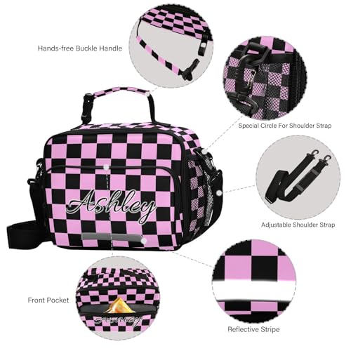 Custom Student Lunch Bag for Boys Girls Pink Black Checkered Personalized Lunch Box With Name Insulated Cooler Bag for School Picnic Travel - color: Multi09