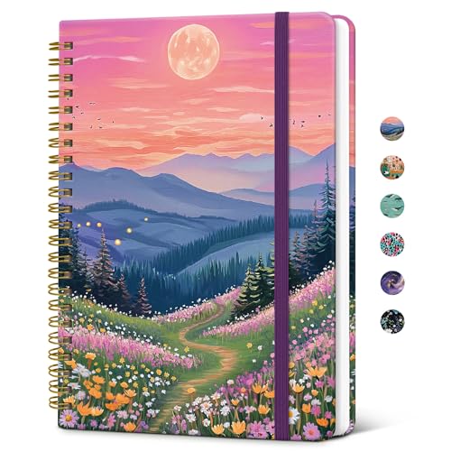 Taja Spiral Lined Journal for Women, Notebook for Work with Pretty Cover, 140 College Ruled Pages, Hardcover Notebook for Journaling, Note Taking, Bible Study, Dreamscape Hills - color: R-Dreamscape Hills