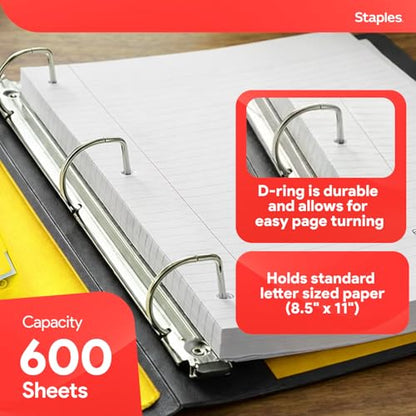 Staples Heavy-Duty 3-Inch D-Ring Binder, Yellow – Large Capacity 3-Ring Binder, Holds Up to 600 Sheets for School & Office - color: Yellow, size: 3-Inch, style: 1 Pack