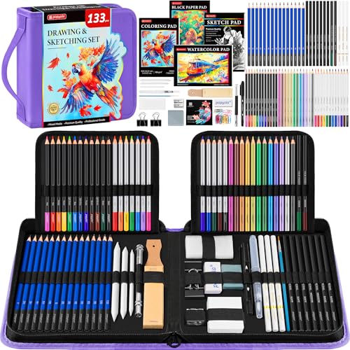 133 Pack Art Supplies Sketching Kit with Sketch Book, Coloring Book, Watercolor Pad, Black Paper Pad, Tutorial, Graphite Colored Charcoal Watercolor & Metallic Pencils for Artists Beginners Adults - color: Purple, size: 133 Pack