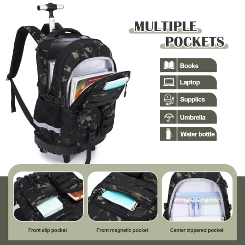 DIGOBAY Camo Rolling Backpack for Boys, 3PCS Tactical Kids Rolling Backpack Set with Lunch Bag & Pencil Case, Boys Wheeled School Bookbag for Elementary, Middle, High School - color: Camouflage Black/Gray