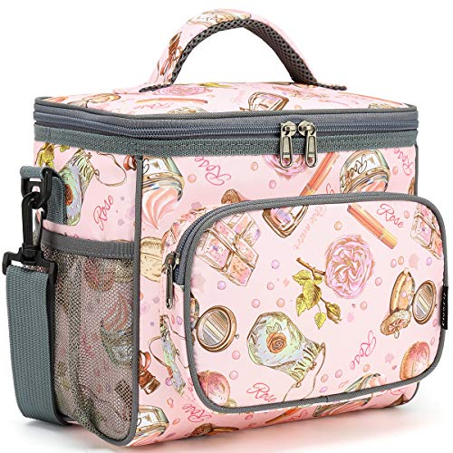FlowFly Insulated Reusable Lunch Bag Adult Large Lunch Box for Women and Men with Adjustable Shoulder Strap,Front Zipper Pocket and Dual Large Mesh Side Pockets,Rose - color: Rose