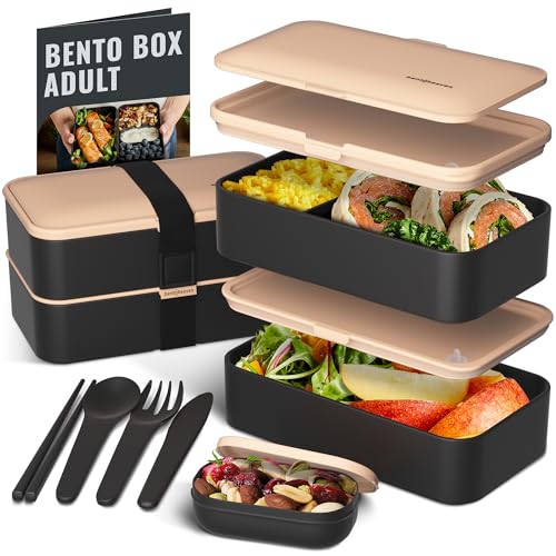 Bentoheaven Bento Box Adult, Stackable Lunch Box, 40 oz, Bingo Flamingo | BPA-free, leakproof and microwave-safe with 2 compartments, utensils, chopsticks, divider and sauce cup for men and women. - color: Bingo Flamingo