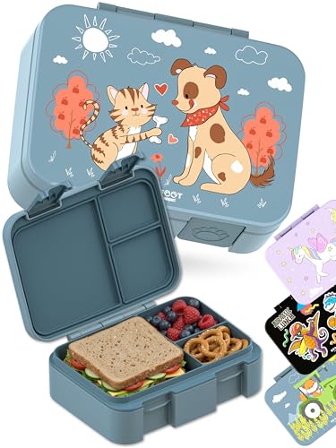 BEARFOOT Kids Lunch Box with Compartments – Compact & Lightweight | Leak-Proof, BPA-Free, Dishwasher Safe | Hand-Drawn Design for Preschool, School, Travel (Dog & Cat Blue, 2.75 Cups) - color: Dog&Cat-Blue, size: 2.75 Cups
