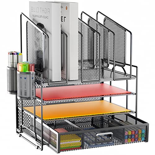 Marbrasse Desk Organizers, 4-Tier Mesh Desk File Organizer with 5 Vertical File Holders and 2 Pen Holders, Multifunction Desktop Organizer,Desk Organizers and Accessories for Home Office (Gray) - color: Gray Vertical File Folder, size: 4-Tier Mesh