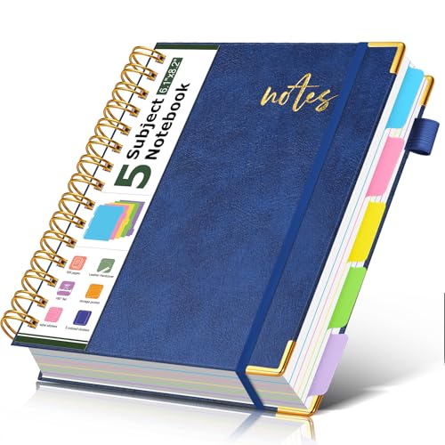 PAPEJOON 5 Subject Spiral Notebook Journal with Removable Dividers Tabs, 300 Pages Organizer Notebooks for Work School, A5 Hardcover Leather Notebook College Ruled, Lined Journal for Women Men，Navy - color: Navy, size: A5