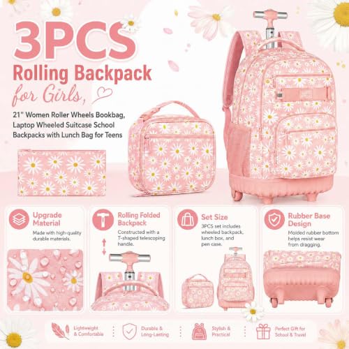 AGSDON Rolling Backpack for Girls, Women Roller Wheels Bookbag, Laptop Daisy Wheeled School Bag with Wheels for Teens - color: Daisy Pink 01