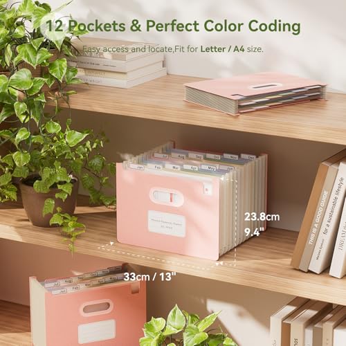 EcoStash 12 포켓 아코디언 파일 오거나이저, 밀짚 파일 폴더, 업라이트 & 오픈 탑, 월간 지폐 영수증 오거나이저, 100% BPA 프리, 자연으로 돌아가기, 레터/A4 사이즈 - 스트로베리 핑크 - color: 딸기 핑크, size: 12 Pockets